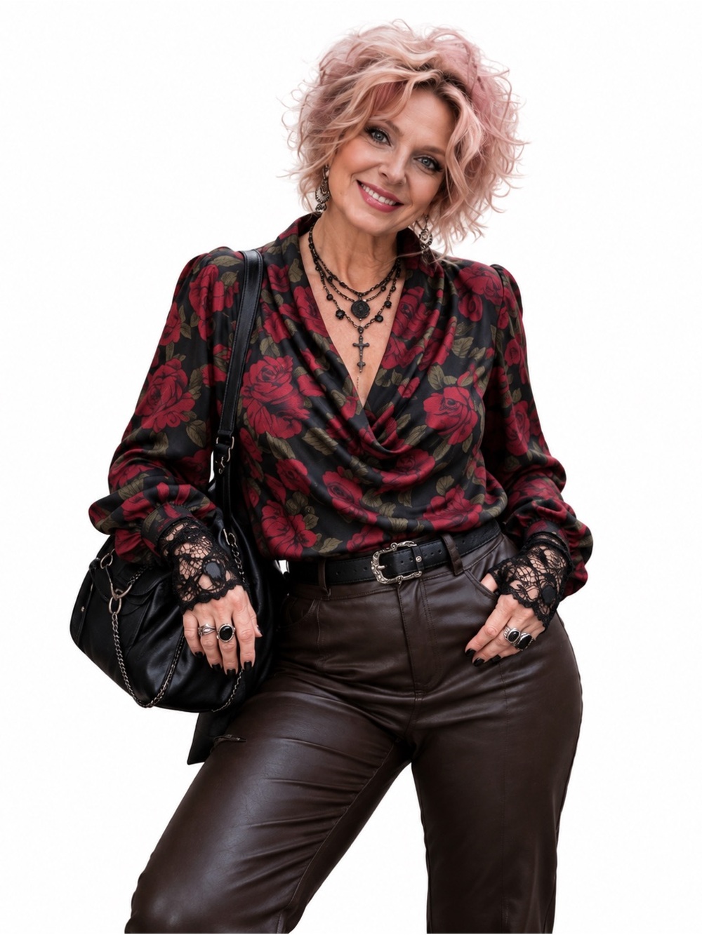 Vintage Rose Print Blouse Romantic Goth Whimsigoth Drape Neck XL